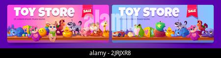 Kids toys sale in baby store. Posters with plush animals, car and ship on wooden shelves in shop. Vector banners with cartoon illustration of cute children toys, bear, dog robot and blocks Stock Vector