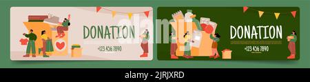 Donation banners with people give clothes and food for charity, humanitarian aid for homeless, poor and hunger. Vector posters with flat illustration of volunteers donate products in cardboard boxes Stock Vector