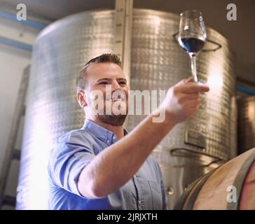 Making great wines using traditional, natural viticultural and winemaking methods. a man enjoying wine tasting in his distillery. Stock Photo