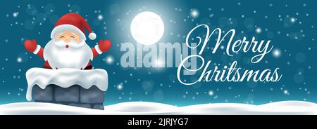 Merry christmas background with santa claus coming out of a chimney in full moon night with snow and stars. 3D Christmas greeting banner Stock Vector