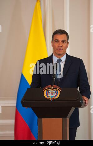 Spain's government president Pedro Sanchez speaks during the official visit of Pedro Sanchez, government president of Spain to Colombia, in Bogota, Colombia on August 24, 2022. Sanchez offered Spain as a negotiation country for the peace process with the ELN Guerrilla. Photo by: Chepa Beltran/Long Visual Press Stock Photo