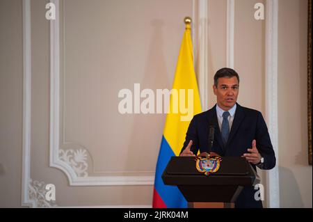 Spain's government president Pedro Sanchez speaks during the official visit of Pedro Sanchez, government president of Spain to Colombia, in Bogota, Colombia on August 24, 2022. Sanchez offered Spain as a negotiation country for the peace process with the ELN Guerrilla. Photo by: Chepa Beltran/Long Visual Press Stock Photo