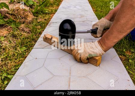 the hands of a professional worker hit the slab with a special rubber hammer in the process of laying a garden path made of stone tiles Stock Photo