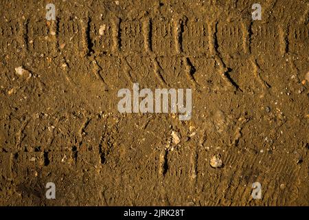 The texture of the track car. Brown earth close-up view from above. Natural design. Tire tracks on the ground. Autumn abstract natural ochre backgroun Stock Photo