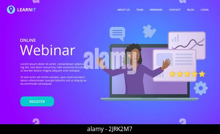 Online webinar website vector template, mock up for business conference announcement. Background and illustration for website concept design vector. Woman presenter in a computer laptop. Stock Vector