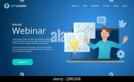 Online webinar website vector template, mock up for business conference announcement. Background and illustration for website concept design vector. Men presenter in a computer laptop. Stock Vector