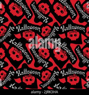 Halloween Party hand lettering, black and red colours. Seamless pattern for Halloween. Stock Vector