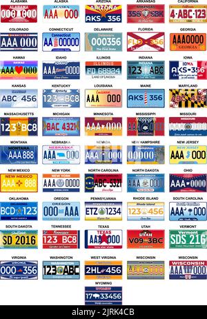 Complete Set 51 United States License Plates - All 51 USA States, Special Design And Regulation For All States, Car numbers of vehicle registration in Stock Vector