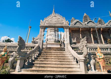 Low angle view of Phnom Srey and Phnom Pros Temple, an off the beaten path tourist attraction in Kampong Cham, Cambodia Stock Photo