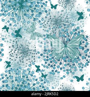 Flower background with butterflies. Seamless pattern blue flowers. Vector illustration Stock Vector