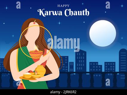 Karwa Chauth Festival Indian Background Template Hand Drawn Cartoon Flat Illustration Stock Vector