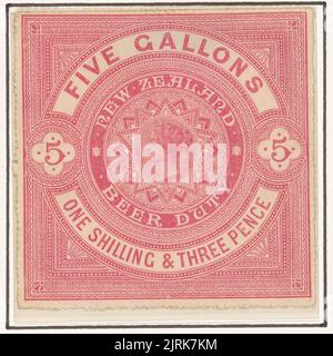 Beer duty stamp, five gallons, 1883, New Zealand, by Bock and Cousins ...