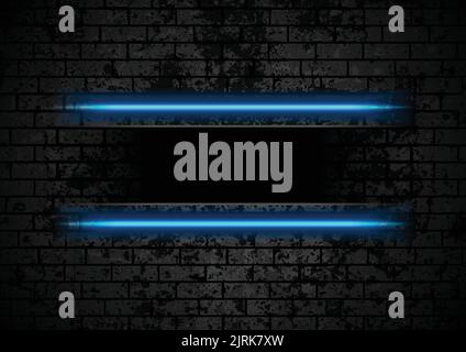 Blue neon stripes on grunge brick wall background. Vector retro design Stock Vector