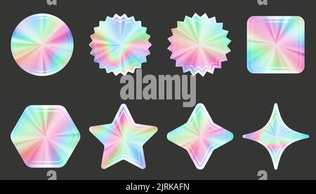 Holographic stickers set. Silver label gradient stamps. Metal texture badges. Iridescent rainbow foil in different geometric shapes. Vector neon Stock Vector