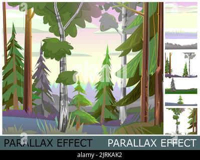 Birch in pine forest. Beautiful scene in nature. Nice summer landscape in morning or in evening. Image from layers for overlay with parallax effect. V Stock Vector