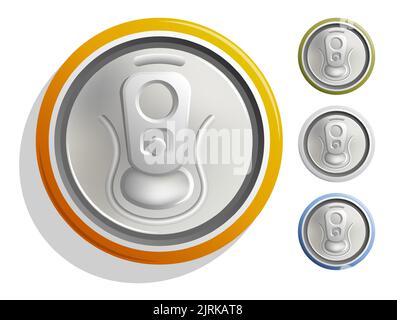 Set of aluminum cans with soda top view. Metal beer can with key to open from high angle. Realistic horizontal vector Stock Vector