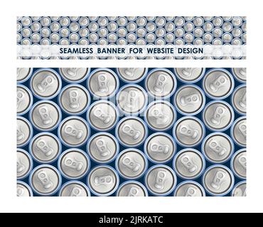 Seamless pattern aluminum cans with soda top view. Metal beer cans with key to open from high angle. Realistic horizontal vector for banner or website Stock Vector