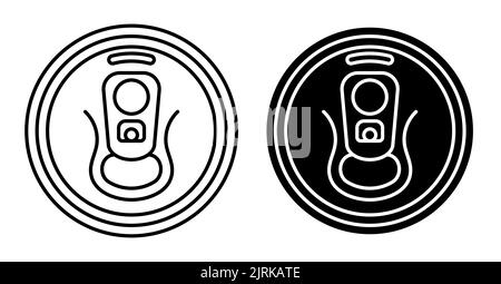 Linear icon, aluminum soda can top view. Metal beer can with key to open from high angle. Simple black and white vector isolated on white background Stock Vector