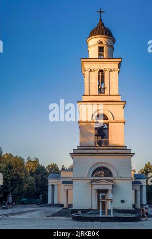 CHISINAU, MOLDOVA - august 20, 2022: bell tower near Metropolitan Cathedral Nativity Lord  Historical architectural landmark capital city sunset Stock Photo