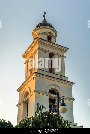 CHISINAU, MOLDOVA - august 20, 2022: bell tower near Metropolitan Cathedral Nativity Lord  Historical architectural landmark capital city sunset Stock Photo