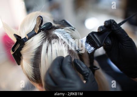 Young woman hairdresser dying hair at beauty salon. Professional hair roots coloring. Stock Photo