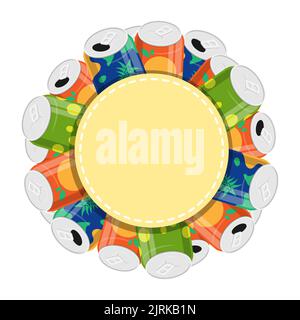 Round template with multi colored soda cans for advertising soft drinks. Aluminum cans in the form of sun, flower. Vector isolated on white background Stock Vector