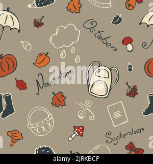 Autumn pattern in beautiful style. Cartoon objects Stock Vector