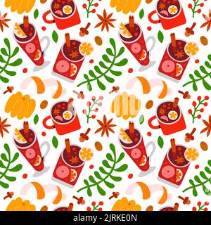 Mulled wine and punch alcoholic drinks, festive hot alcohol cocktails with spices, orange citrus, cinnamon, christmas traditional drinks, seamless Stock Vector