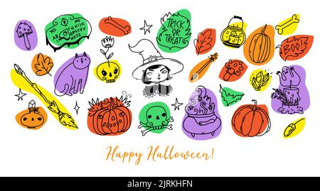 Halloween banner, greeting card, poster with cute illustrations set. Themed lovely pictures set for halloween - witch, pumpkin, cat, jack lantern, cau Stock Vector