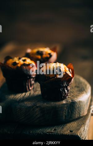 Delicious muffins with chocolate chips on dark wooden background Stock Photo