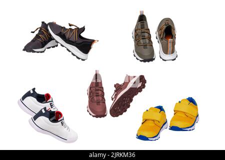 Collage set children summer shoes. Collection of elegant stylish male leather sneakers or sport shoes isolated on a white background. Boys shoe fashio Stock Photo
