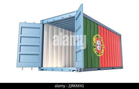Cargo Container with open doors and Portugal national flag design. 3D Rendering Stock Photo