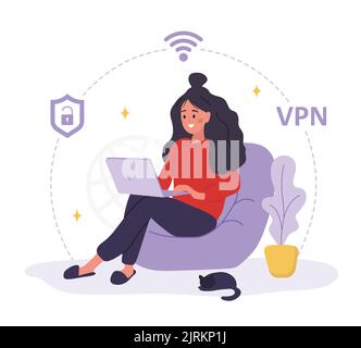 VPN service. Woman using private network for protect personal data. Protection of DNS and IP addresses. Database security software. Vector Stock Vector