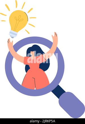 Vector concept Search of finding brilliant idea or thinking. Creative woman with light bulb magnifying glass. Business people character with lightbulb Stock Vector