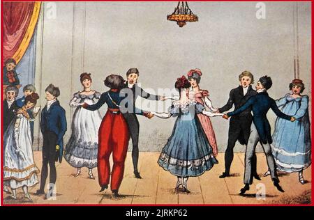 A coloured early 19th century copper engraving of a group dancing a quadrille. .The term quadrille originated in 17th-century military parades where four mounted horsemen formed square formations.  As a dance it became popular in the 18th and 19th centuries both in Europe and the European colonies. It became a craze in Britain after  Lady Jersey (Sarah Sophia Child Villiers, Countess of Jersey   1785 – 1867) introduced the dance to high society gatherings.(She was  born Lady Sarah Fane) Stock Photo