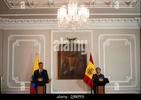 Spain's government president Pedro Sanchez (Left) and Colombia's president Gustavo Petro (Right) speak during the official visit of Pedro Sanchez, gov Stock Photo