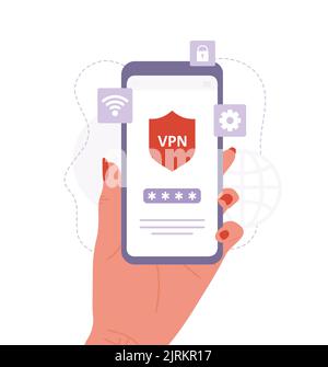 VPN connection. Female hand holding phone with virtual private network app. Password security. Vector illustration in flat cartoon style. Secure web Stock Vector