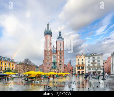 Astonishing cityscape of Krakow with St. Mary's Basilica on Main Square. Popular tourist destination. Location: Krakow, Lesser Poland Voivodeship, Pol Stock Photo