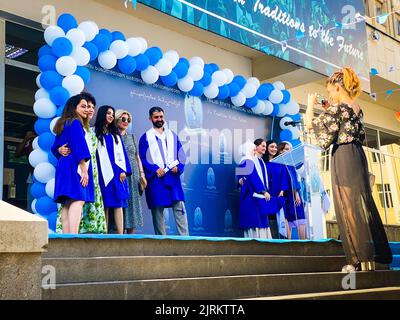 Tbilisi, Georgia - 14th july, 2022: Graduated take photo together class mates. Tbilisi state medical university graduation event. Popular study univer Stock Photo