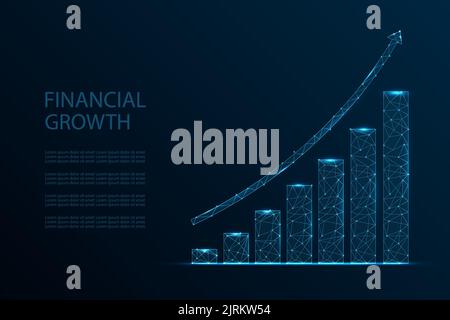 Abstract growth chart in dark blue. Business, financial, analytics concept. Digital vector monochrome graph with connected dots, lines and lights. Stock Vector
