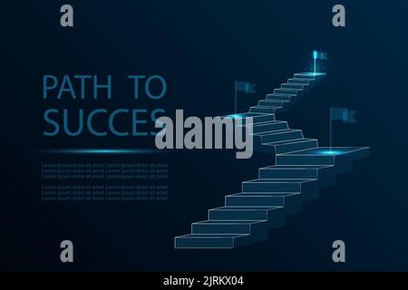 Stairway with flags vector illustration. Low poly wireframe mesh with light effects on dark blue background. Path to success business concept poster Stock Vector