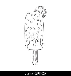 Outline popsicle on a stick with a slice of citrus, glaze and sprinkles. Dairy cold dessert. Seasonal sweet food. Black and white doodle hand drawn Ve Stock Vector