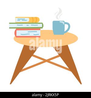 Small table with a stack of books and a cup of coffee or tea in cartoon flat style. vector illustration of interior furniture, cozy home Stock Vector