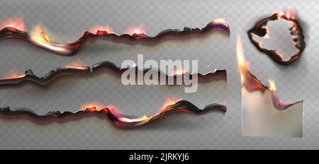 Realistic burn paper borders and holes. Charred pages with burnt uneven edges. Burned parchment sheets with fire and smoldering black ash 3d vector illustartion isolated on transparent background. Stock Vector