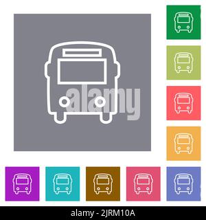 Bus front view outline flat icons on simple color square backgrounds Stock Vector