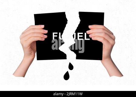 Composite collage picture of human hands hold break fuel banner isolated on creative white background Stock Photo