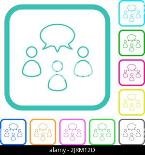 Three talking persons with oval bubble outline vivid colored flat icons in curved borders on white background Stock Vector