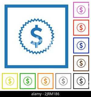 American dollar sticker alternate flat color icons in square frames on white background Stock Vector