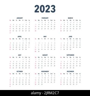 Calendar year 2023 vector illustration template in black and white colors. The week starts on Sunday. Sunday in red. Vector Stock Vector