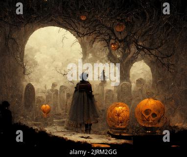 Halloween background. Spooky forest pumpkin in graveyard. Stock Photo